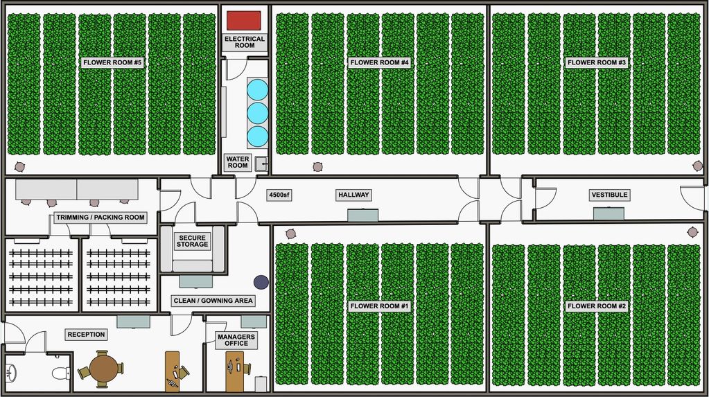 Interior cultivation spaces showing flower rooms and corridors